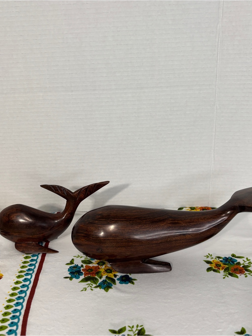 MCM Ironwood Dark Brown Carved Wood Whale Pair Family Shelf Sitters Decor